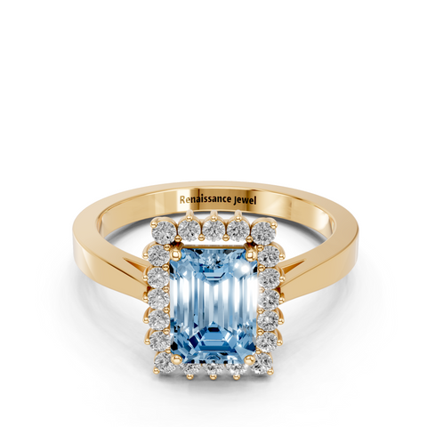 Yellow gold Fancy Blue Emerald  Cut Diamond Halo Ring with Round Brilliant Halo and Solitaire Band