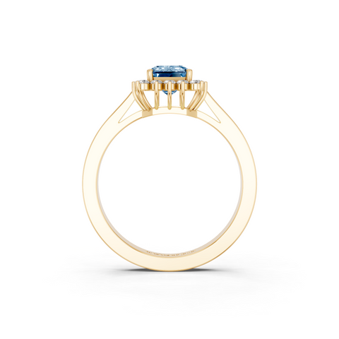 Yellow gold Fancy Blue Emerald  Cut Diamond Pavé Band Solitaire Ring with Four-Prong Setting
