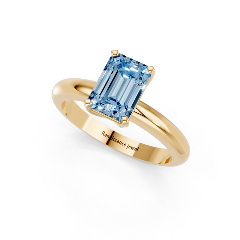 Yellow gold Fancy Blue Emerald  Cut Solitaire Engagement Ring with Round Band and Four-Prong Setting