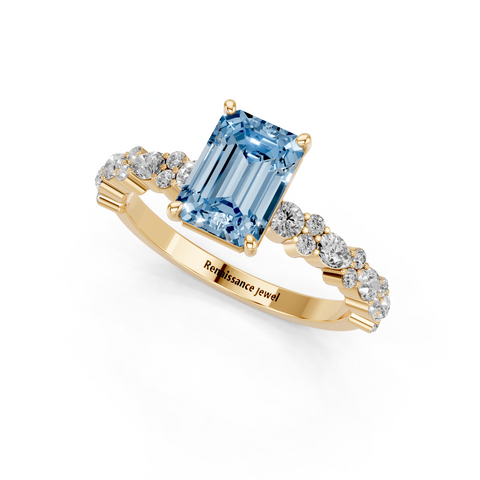 Yellow gold Fancy Blue Emerald  Solitaire with Side Stones, Pave Band, Four-Prong Setting