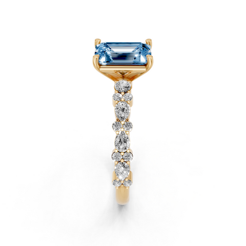 Yellow gold Fancy Blue Emerald  Solitaire with Side Stones, Pave Band, Four-Prong Setting
