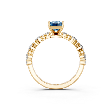 Yellow gold Fancy Blue Emerald  Solitaire with Side Stones, Pave Band, Four-Prong Setting