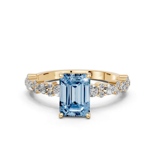 Yellow gold Fancy Blue Emerald  Solitaire with Side Stones, Pave Band, Four-Prong Setting