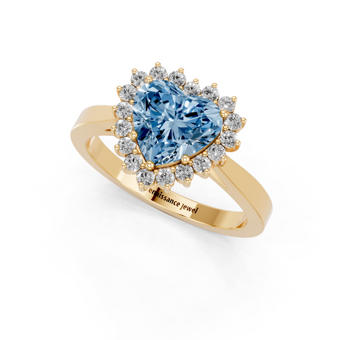 Yellow gold Fancy Blue Heart  Cut Diamond Halo Ring with Round Brilliant Halo and Solitaire Band