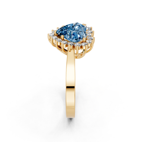 Yellow gold Fancy Blue Heart  Cut Diamond Halo Ring with Round Brilliant Halo and Solitaire Band