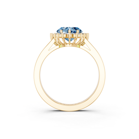 Yellow gold Fancy Blue Heart  Cut Diamond Halo Ring with Round Brilliant Halo and Solitaire Band