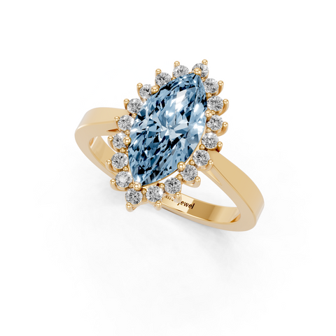 Yellow gold Fancy Blue Marquise  Cut Diamond Halo Ring with Round Brilliant Halo and Solitaire Band