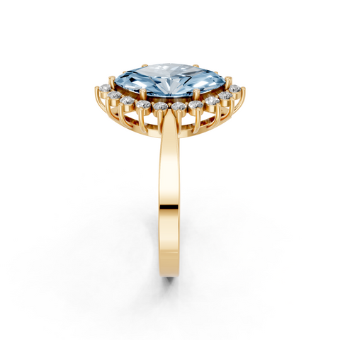 Yellow gold Fancy Blue Marquise  Cut Diamond Halo Ring with Round Brilliant Halo and Solitaire Band