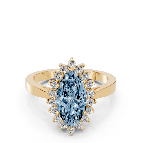 Yellow gold Fancy Blue Marquise  Cut Diamond Halo Ring with Round Brilliant Halo and Solitaire Band