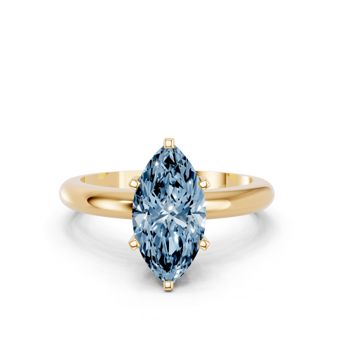 Yellow gold Fancy Blue Marquise  Cut Solitaire Engagement Ring with Round Band and Four-Prong Setting