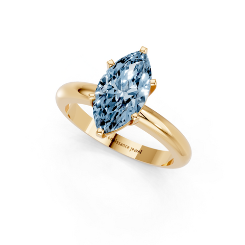 Yellow gold Fancy Blue Marquise  Cut Solitaire Engagement Ring with Round Band and Four-Prong Setting