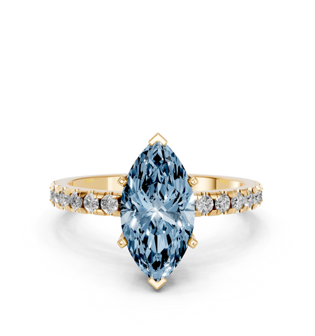 Yellow gold Fancy Blue Marquise  Solitaire Diamond Pavé Band with Four-Prong Setting