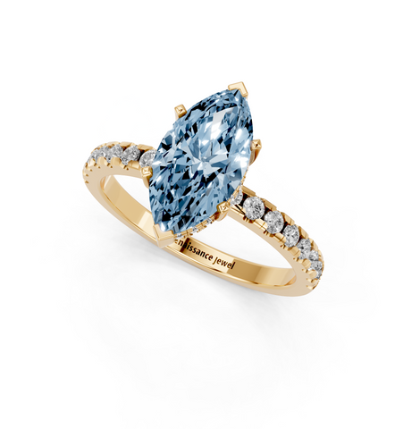 Yellow gold Fancy Blue Marquise  Solitaire Diamond Pavé Band with Four-Prong Setting