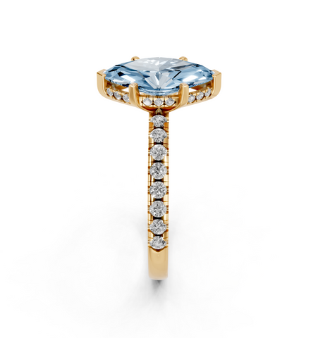 Yellow gold Fancy Blue Marquise  Solitaire Diamond Pavé Band with Four-Prong Setting