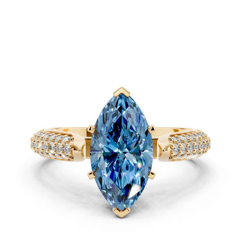 Yellow gold Fancy Blue Marquise  Solitaire Pavé Diamond Engagement Ring with Four-Prong Setting