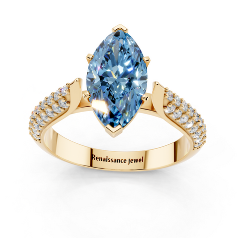 Yellow gold Fancy Blue Marquise  Solitaire Pavé Diamond Engagement Ring with Four-Prong Setting