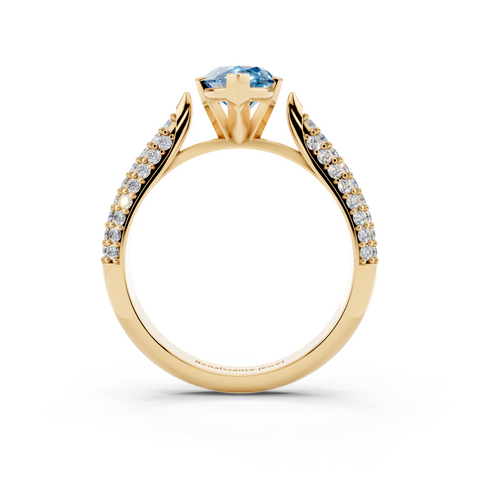 Yellow gold Fancy Blue Marquise  Solitaire Pavé Diamond Engagement Ring with Four-Prong Setting
