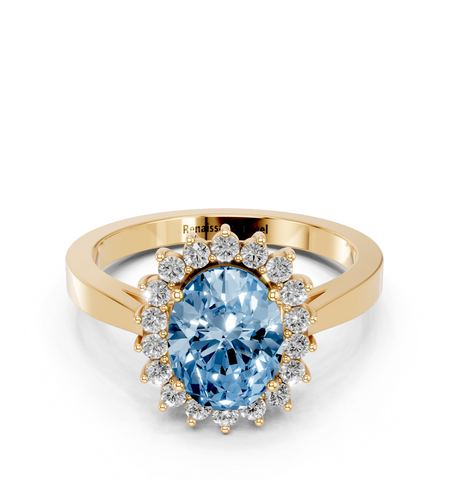 Yellow gold Fancy Blue Oval  Cut Diamond Halo Ring with Round Brilliant Halo and Solitaire Band