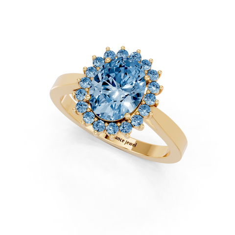 Yellow gold Fancy Blue Oval  Cut Diamond Halo Ring with Round Brilliant Halo and Solitaire Band