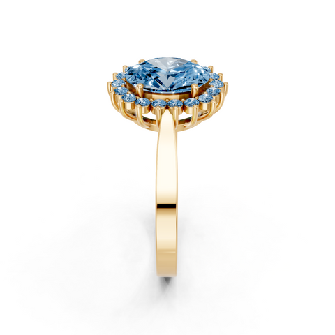 Yellow gold Fancy Blue Oval  Cut Diamond Halo Ring with Round Brilliant Halo and Solitaire Band