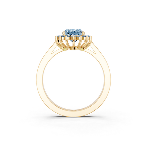 Yellow gold Fancy Blue Oval  Cut Diamond Halo Ring with Round Brilliant Halo and Solitaire Band