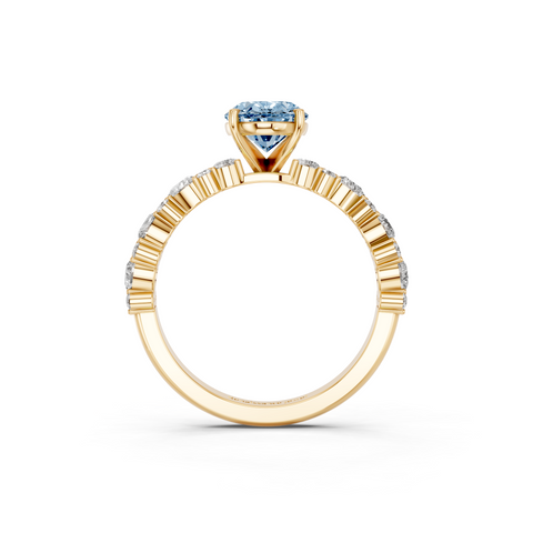 Yellow gold Fancy Blue Oval  Solitaire with Side Stones, Pave Band, Four-Prong Setting