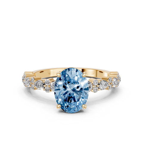 Yellow gold Fancy Blue Oval  Solitaire with Side Stones, Pave Band, Four-Prong Setting
