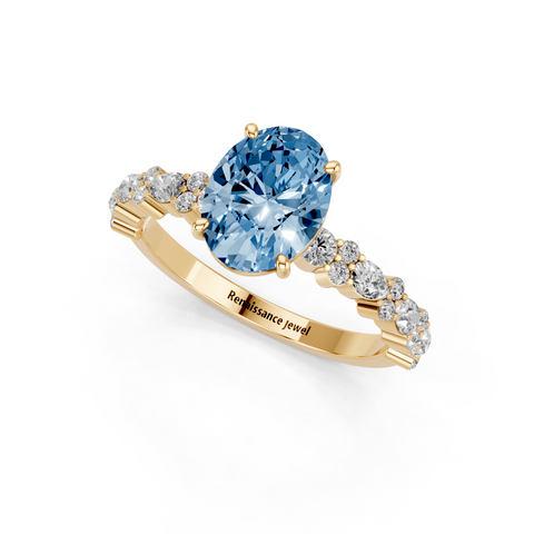 Yellow gold Fancy Blue Oval  Solitaire with Side Stones, Pave Band, Four-Prong Setting