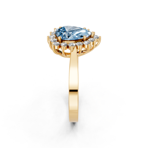 Yellow gold Fancy Blue Pear  Cut Diamond Halo Ring with Round Brilliant Halo and Solitaire Band