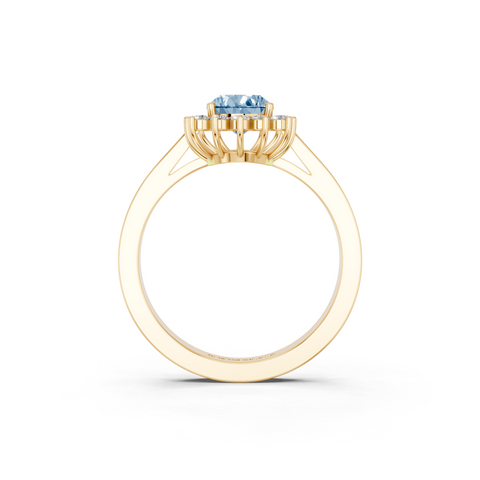 Yellow gold Fancy Blue Pear  Cut Diamond Halo Ring with Round Brilliant Halo and Solitaire Band