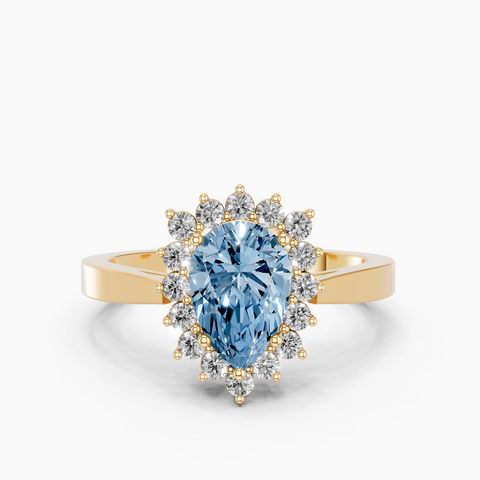 Yellow gold Fancy Blue Pear  Cut Diamond Halo Ring with Round Brilliant Halo and Solitaire Band