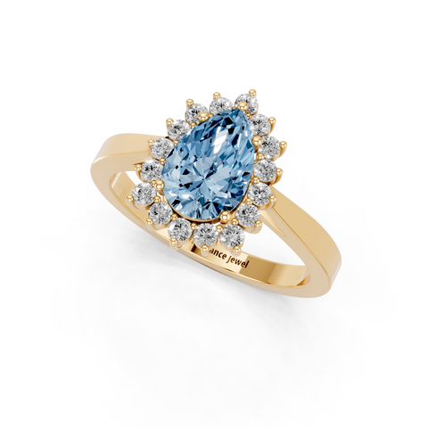 Yellow gold Fancy Blue Pear  Cut Diamond Pavé Band Solitaire Ring with Four-Prong Setting