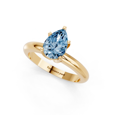 Yellow gold Fancy Blue Pear  Cut Solitaire Engagement Ring with Round Band and Four-Prong Setting