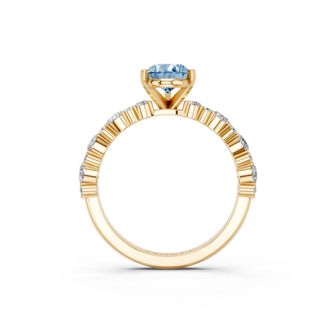 Yellow gold Fancy Blue Pear  Solitaire with Side Stones, Pave Band, Four-Prong Setting
