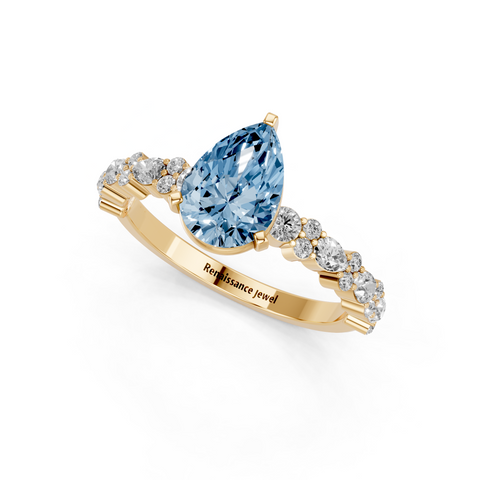 Yellow gold Fancy Blue Pear  Solitaire with Side Stones, Pave Band, Four-Prong Setting