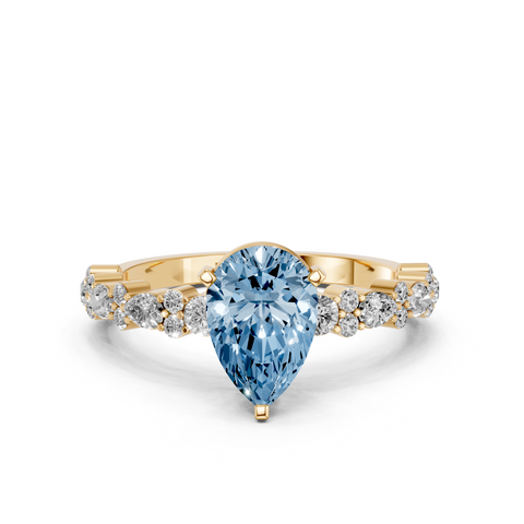 Yellow gold Fancy Blue Pear  Solitaire with Side Stones, Pave Band, Four-Prong Setting