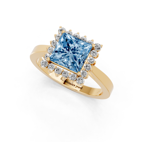Yellow gold Fancy Blue Princess  Cut Diamond Halo Ring with Round Brilliant Halo and Solitaire Band