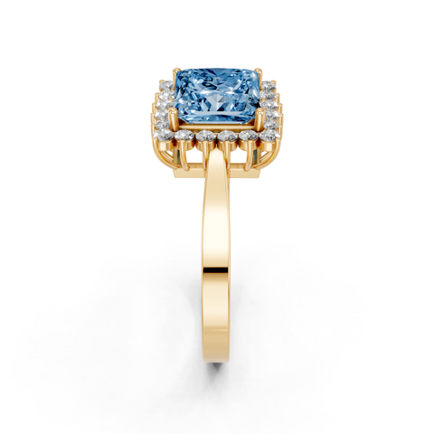 Yellow gold Fancy Blue Princess  Cut Diamond Halo Ring with Round Brilliant Halo and Solitaire Band