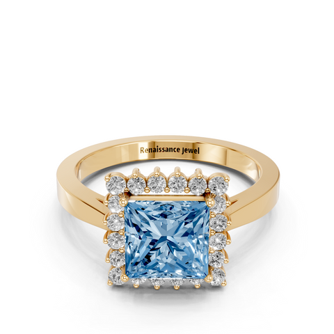Yellow gold Fancy Blue Princess  Cut Diamond Halo Ring with Round Brilliant Halo and Solitaire Band