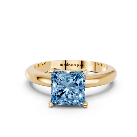 Yellow gold Fancy Blue Princess  Cut Solitaire Engagement Ring with Round Band and Four-Prong Setting