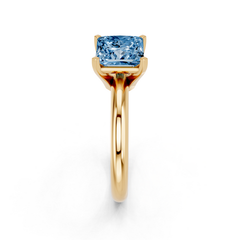 Yellow gold Fancy Blue Princess  Cut Solitaire Engagement Ring with Round Band and Four-Prong Setting