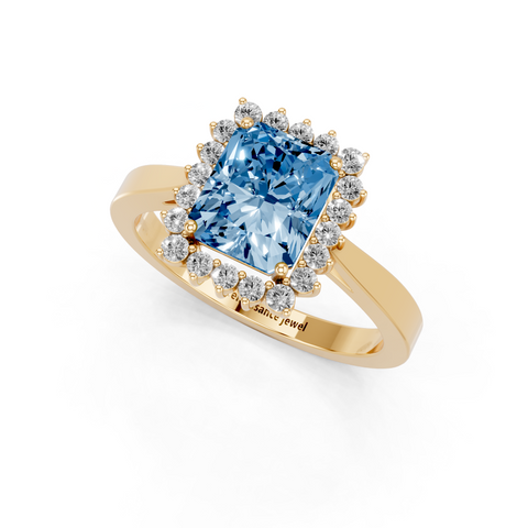 Yellow gold Fancy Blue Radiant  Cut Diamond Halo Ring with Round Brilliant Halo and Solitaire Band