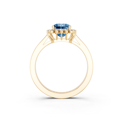 Yellow gold Fancy Blue Radiant  Cut Diamond Halo Ring with Round Brilliant Halo and Solitaire Band
