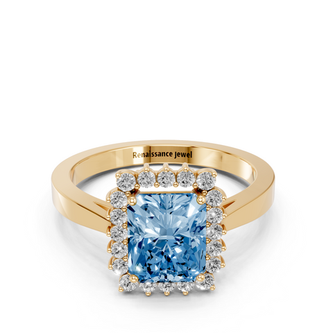 Yellow gold Fancy Blue Radiant  Cut Diamond Halo Ring with Round Brilliant Halo and Solitaire Band