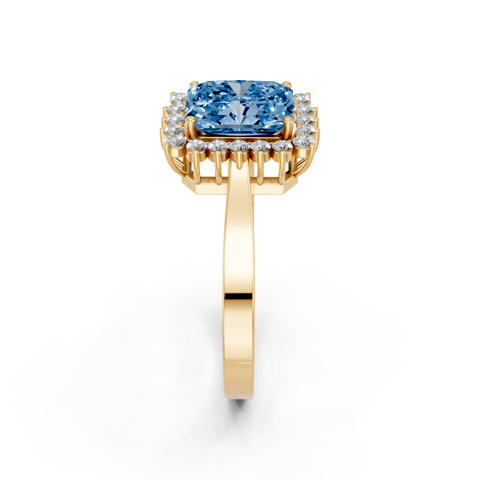 Yellow gold Fancy Blue Radiant  Cut Diamond Pavé Band Solitaire Ring with Four-Prong Setting