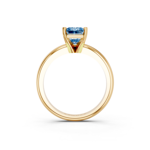 Yellow gold Fancy Blue Radiant  Cut Solitaire Engagement Ring with Round Band and Four-Prong Setting