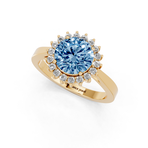 Yellow gold Fancy Blue Round  Cut Diamond Halo Ring with Round Brilliant Halo and Solitaire Band
