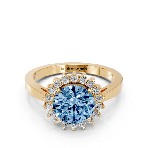 Yellow gold Fancy Blue Round  Cut Diamond Halo Ring with Round Brilliant Halo and Solitaire Band