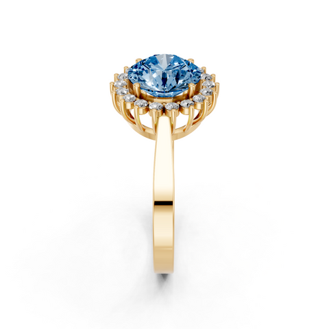 Yellow gold Fancy Blue Round  Cut Diamond Pavé Band Solitaire Ring with Four-Prong Setting