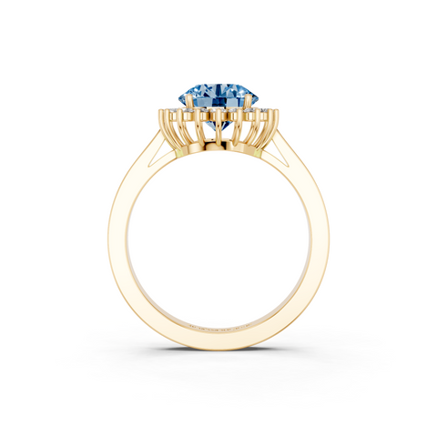 Yellow gold Fancy Blue Round  Cut Diamond Pavé Band Solitaire Ring with Four-Prong Setting